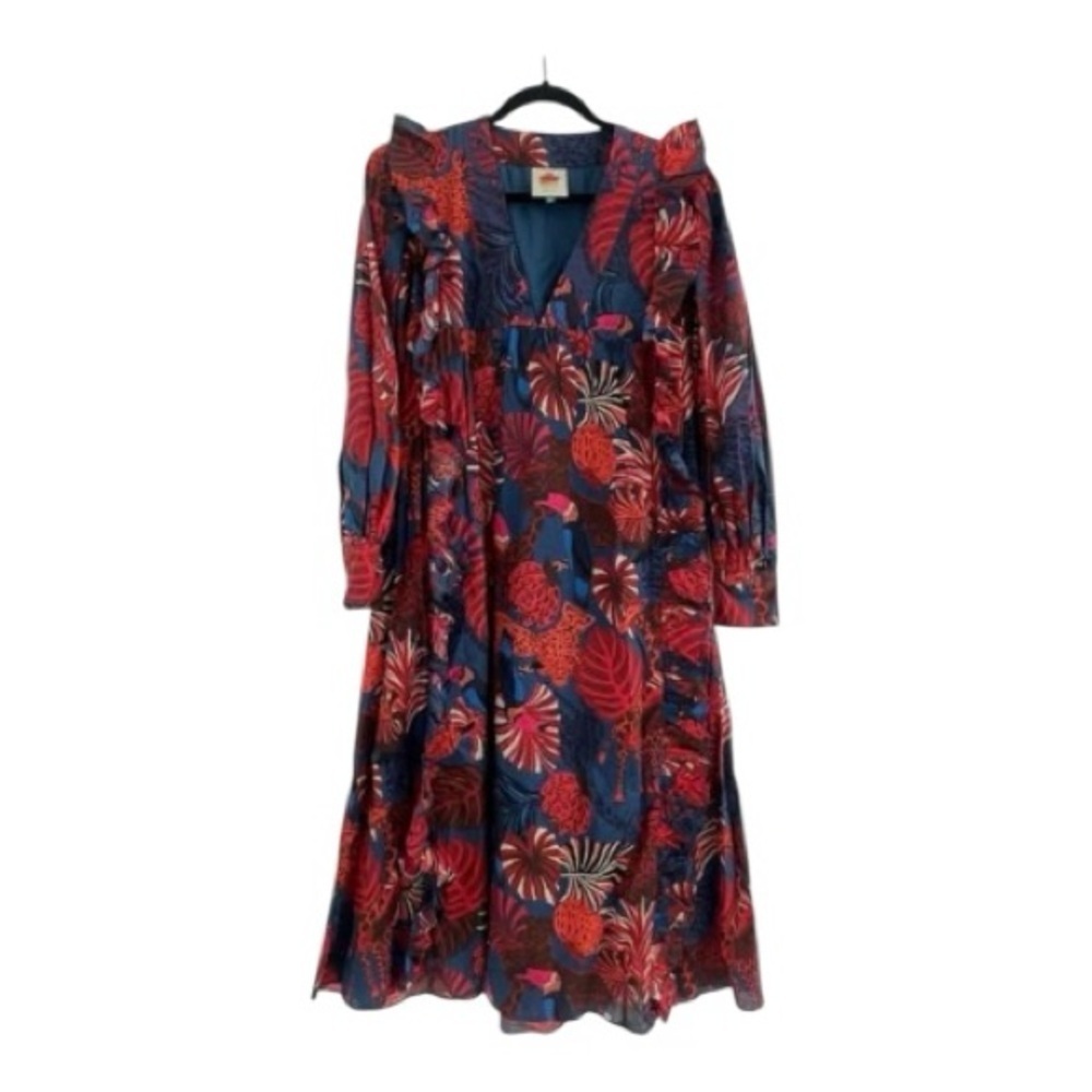 NWOT FARM RIO Red Blue Animal Tapestry Midi Tropical Flare Puff Sleeve Dress XS - Picture 8 of 9